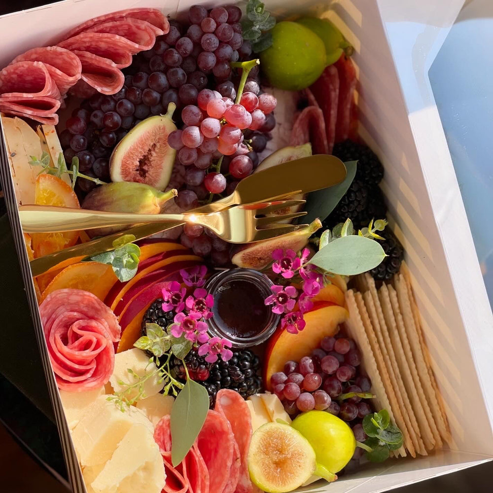 Birch gifting box filled with cheese, charcuterie, fruit and jam